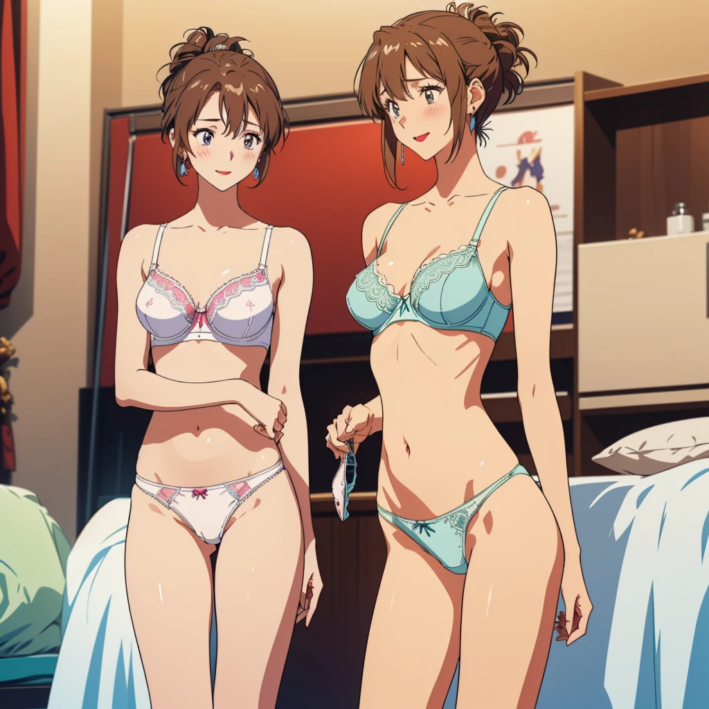masterpiece, top quality, ultra detailed, ((((AIKA_SUMERAGI, folded ponytail, best anatomy, in underwear, (panties, elaborately designed luxury panties for adults, panties high definition images, draw panties with super precision), lace trimmed bra, extremely detailed texture, earrings, red lip, embarrassed, blush, smile)))), cowboy shot, (((underwear in bed room))), white skin, (presenting panties), (display panties),holding panties with both hands,(panties taken off:1.5)