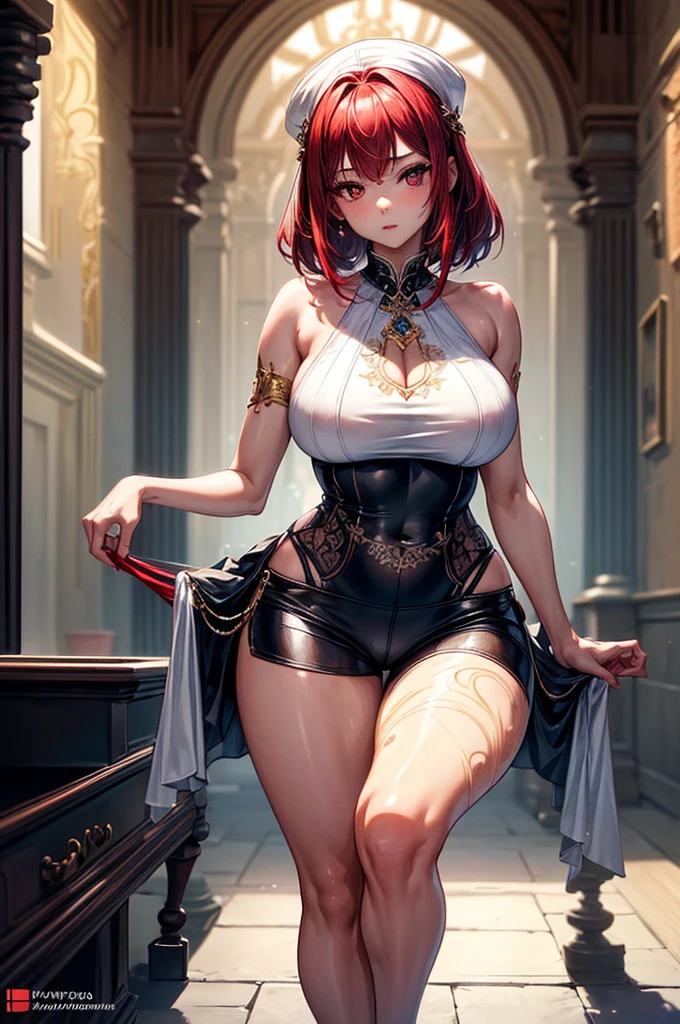 ((highest quality)),(ultra high resolution),(Super detailed),(detailed description),((best CG)),(best work of art),super precision art, great drawing art,(Art with precise details:1.5), (1 young girl:1.5), beautiful and well-shaped face:1.5,(Beautiful skin with precise and detailed depiction:1.6),(sleeveless halter neck crop shirt, knee length gym shorts ),gorgeous, masterpiece, best quality, high-resolution, finely detailed, extremely detailed and beautiful, distinct-image, 1 girl, , solo, soft facial features, symmetrical shaped face. plump cherry red lips, lightly tanned white skin. red and white-colored eyes, F-cup breasts, short height(150cm), short stack body type, waist length red-white hair, small narrow waist, long and slender legs, curvy wide hips, elegant gothic courtyard setting