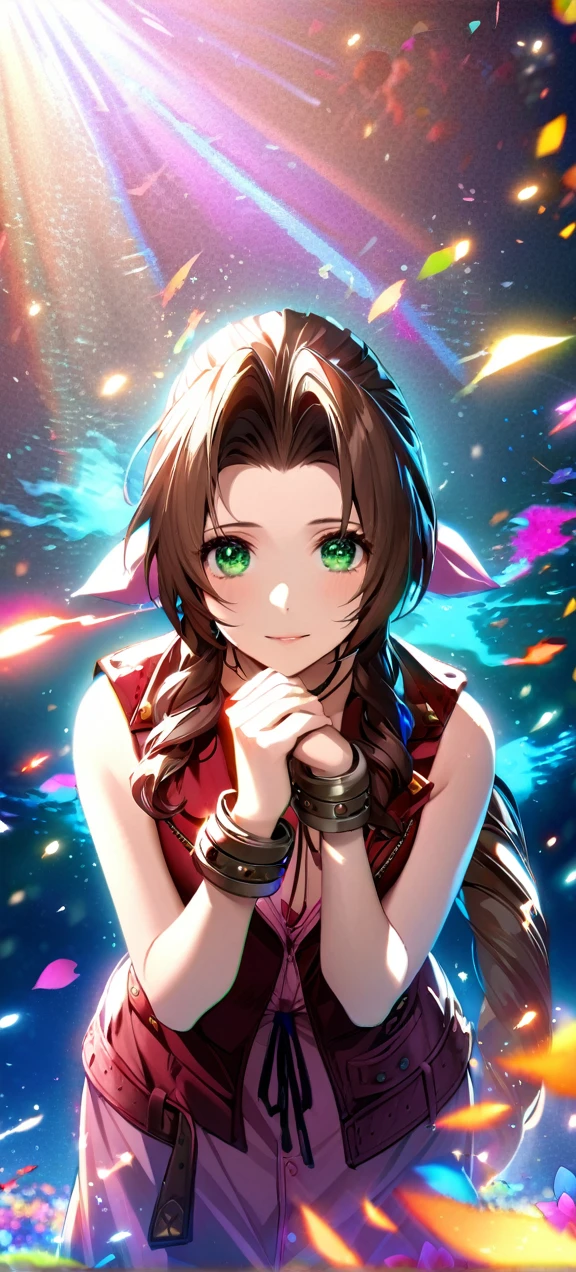 Symetrical,absurdres, highres, ultra detailed, HDR, masterpiece, extremely detailed face and eyes, aerith gainsborough ,final fantasy 7, , , solo, women , beautiful, ,, , beautiful pose scene,colorful flowers effect, colorful lightning effect,glowing glitters, ,colorful flames effect, colorful aura effect, colorful splashing, surrounded by colorful flowers energy