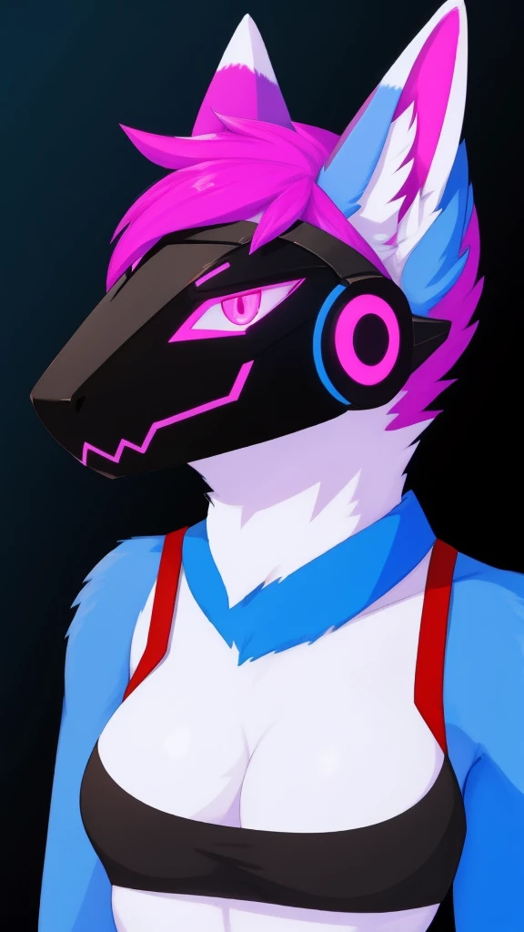 Furry wolf female protogen anthropomorphic white fur pink eyes blue ears wearing a black tank top headshot view 