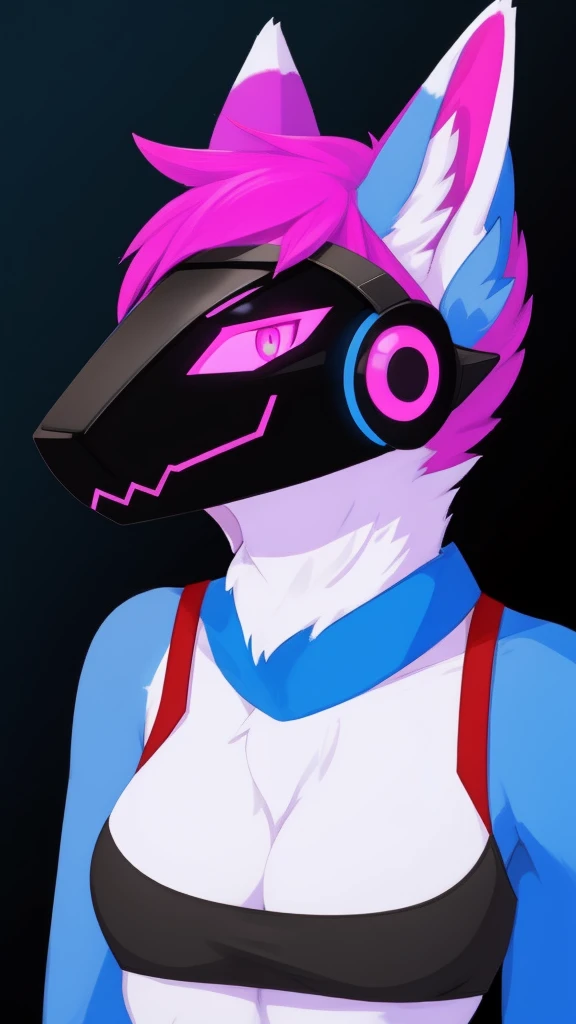 Furry wolf female protogen anthropomorphic white fur pink eyes blue ears wearing a black tank top headshot view