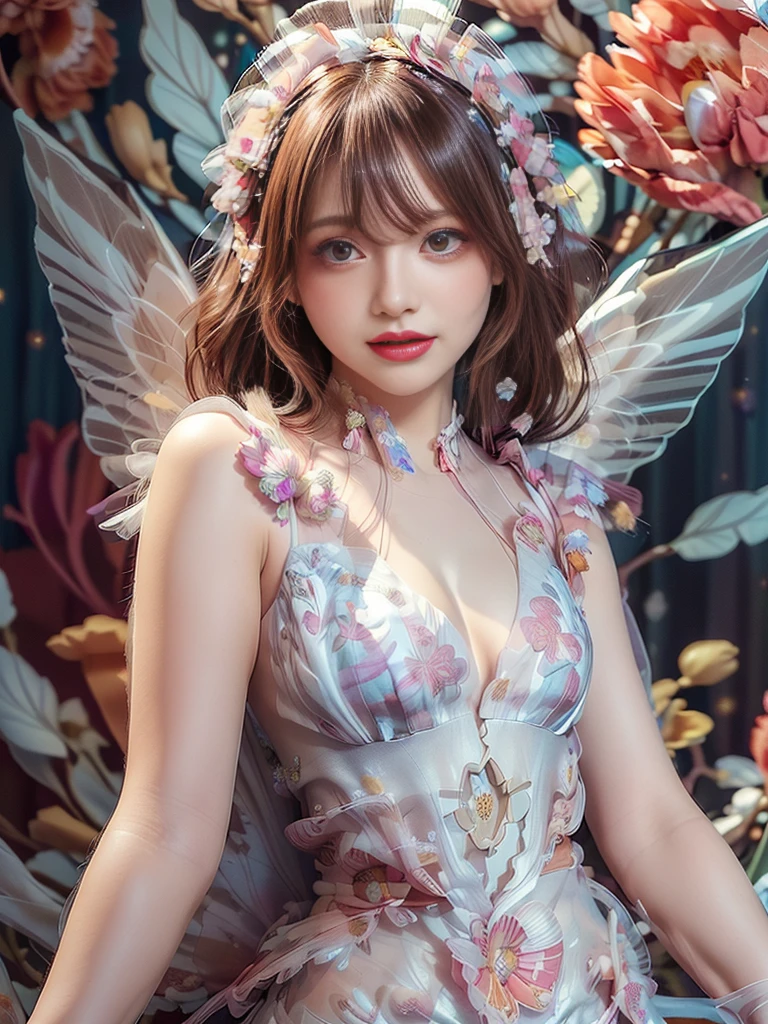 4K Ultra HD, masterpiece, girl, Nice face, Fine grain, Detailed lips, 花のFairyの少女, Big Wings, Transparent feathers, Neon Light, (Galaxy Background:1.5), (Floral Dress:1.8), (White Dress:1.5), In heaven,Angel、Fairy、(((Gentle Smile 1.3)))