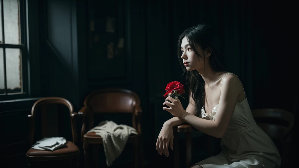A photo of a beautiful girl sitting on a chair, holding a wilted flower in a dark, somber atmosphere. The surroundings are shadowy and moody, with deep, dramatic lighting that enhances the intensity of the scene. Her expression is melancholic, and the background features dim, eerie elements that add to the overall feeling of gloom and mystery.