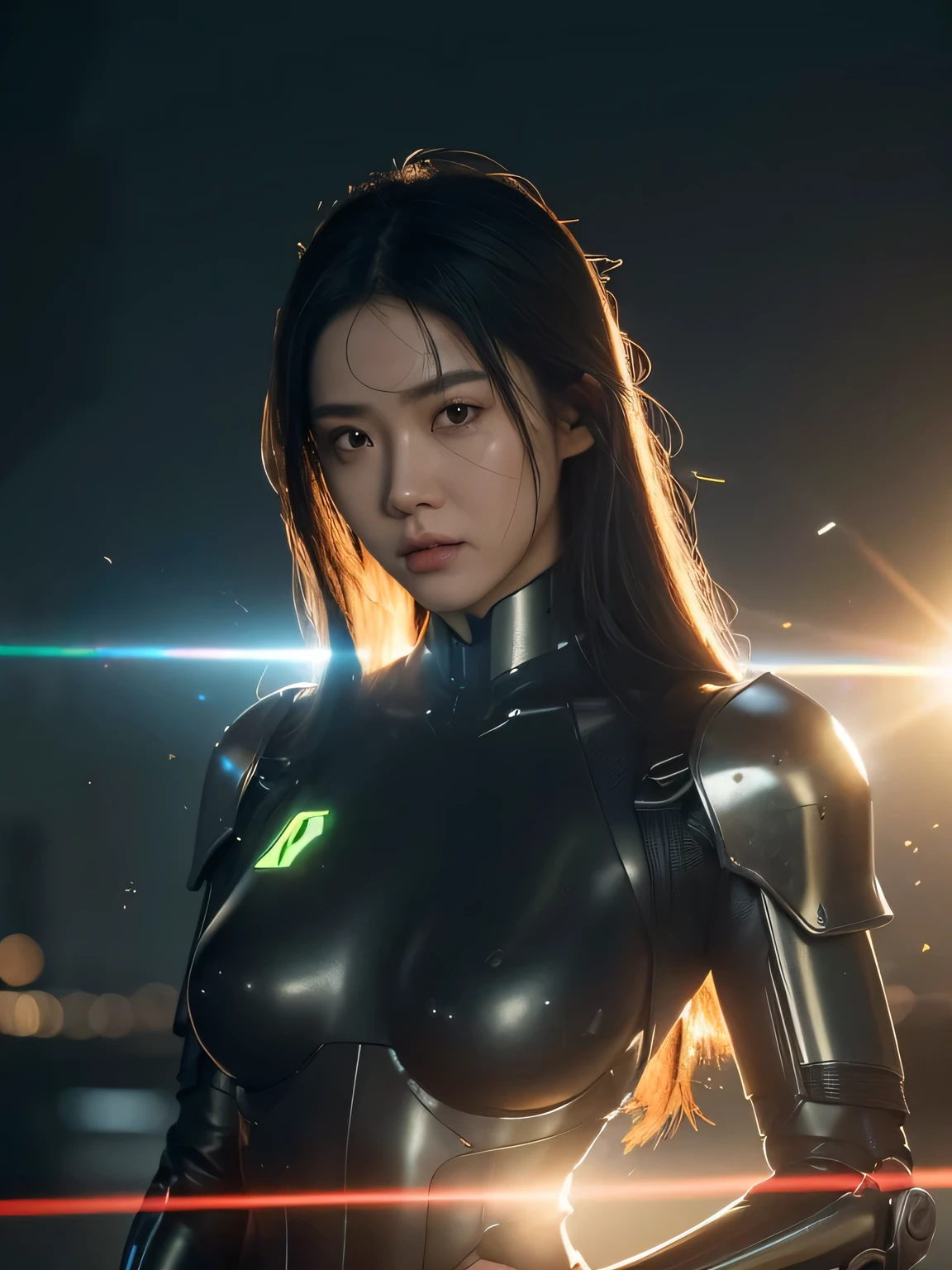 ((best quality)), ((masterpiece)), ((realistic)), (detail), (photorealistic:1.5), a futuristic girl, (thick body), (black bodysuit), lights on armor, headdress cybernetic, looking at viewer, dynamic poses, post apocalyptic, destroyed city background, burning buildings, science fiction, hdr, ray tracing, nvidia rtx, super resolution, unreal 5, subsurface scattering, pbr textures, post-processing, anisotropic filtering, depth of field, maximum clarity and sharpness, rule of thirds, 8k raw, (luminous particles: 1.4), (highly detailed cg, unity 8k wallpaper, 3d, cinematic lighting, lens flare), reflections, sharp focus, cyberpunk art, cyberpunk architecture, sexy clothes, holding weapons, dark vibes
