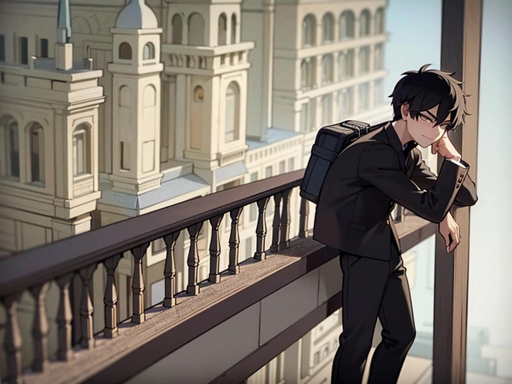 Boy with straight black hair, brown eyes, confident look and intimidating smile with black clothes and white details, fearless countenance, black pants leaning on a balcony with his arms crossed