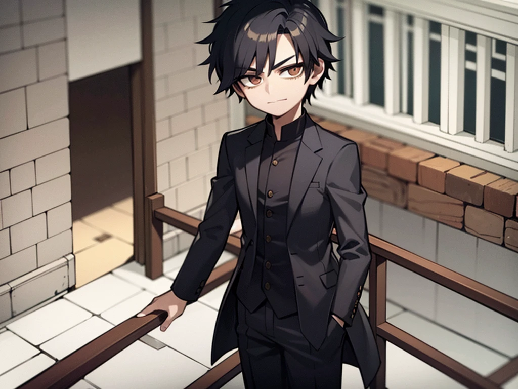 Boy with straight black hair, brown eyes, confident look and intimidating smile with black clothes and white details, fearless countenance, black pants leaning on a balcony with his arms crossed 