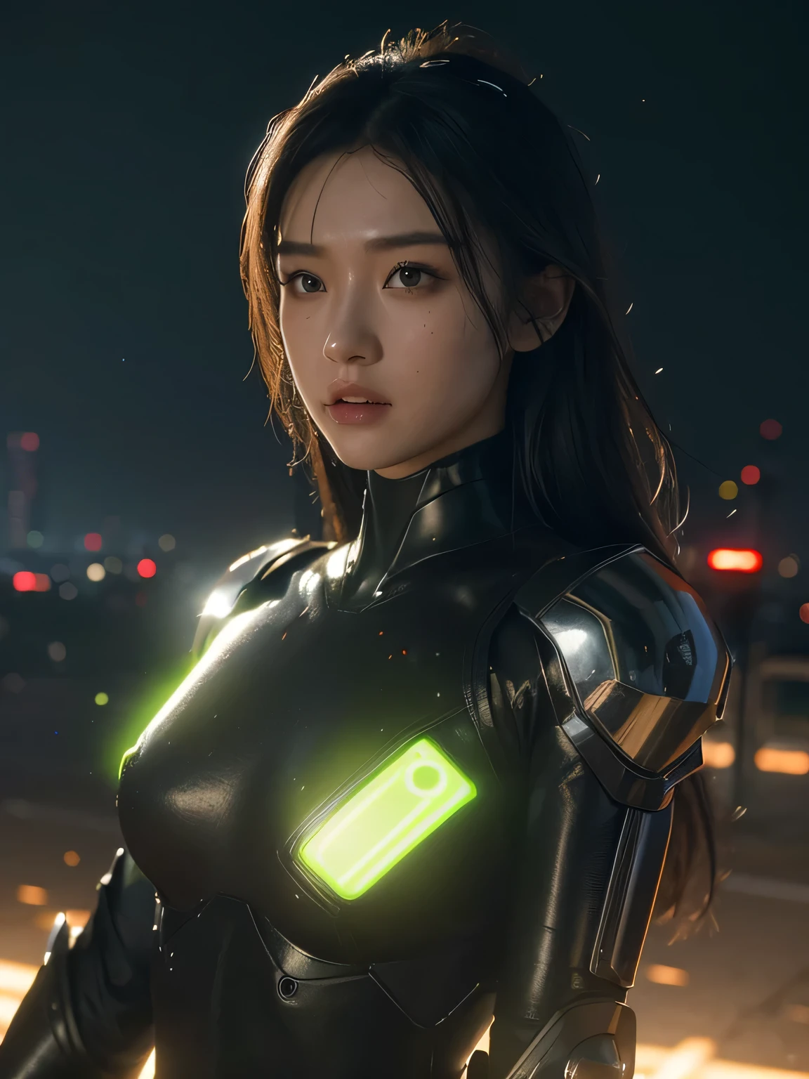 ((best quality)), ((masterpiece)), ((realistic)), (detail), (photorealistic:1.5), a futuristic girl, (thick body), (black bodysuit), lights on armor, headdress cybernetic, looking at viewer, dynamic poses, post apocalyptic, destroyed city background, burning buildings, science fiction, hdr, ray tracing, nvidia rtx, super resolution, unreal 5, subsurface scattering, pbr textures, post-processing, anisotropic filtering, depth of field, maximum clarity and sharpness, rule of thirds, 8k raw, (luminous particles: 1.4), (highly detailed cg, unity 8k wallpaper, 3d, cinematic lighting, lens flare), reflections, sharp focus, cyberpunk art, cyberpunk architecture, sexy clothes, holding weapons, dark vibes