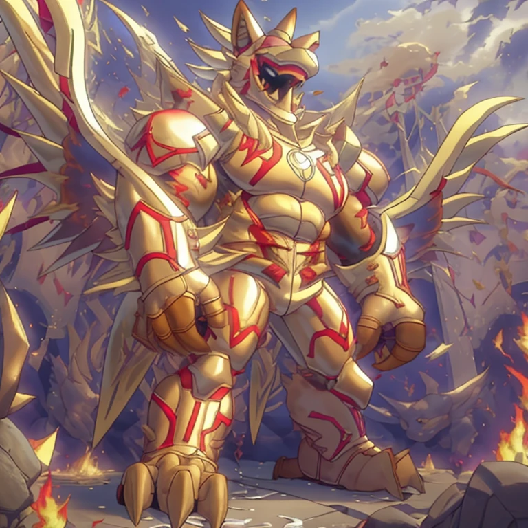 (masterpiece. official art. 8k. best quality. detailed full body. full body.)
(situation 1 : dominating The Phoenix Wolf. The Phoenix Wolf is over 1000 meters long. focus GIANT mechanical Muscular The Phoenix Wolf is trampling the car. Looking down.)
(situation 2 :smoke and flames rising from the destruction in the city)
(Additional details 1: Wearing golden Armor. Cape. Helmet. real texture material. whole body shines like metal. emphasizes the muscles. suit fully made of metal.Robotic suit).
(Additional details 1.5: The arms are golden. The lower half of the body is golden. The wolf-shaped helmet has sharp fangs. The whole body is golden. The chest area is also golden. There is a ring above the head.).
(Additional details 2: Detailed head. Detailed Body. Detailed abs. gigantic muscles. HYPER MUSCLES. Gigachad Muscular. big muscle. pecs. triceps. traps. unusually developed muscular body. body full of huge muscles. showing off muscles. pectorales enormes. Exaggeratedly huge muscles. huge muscles. long legs.).
(Additional details 3: Spread wings. It has wings. The claws are sharp. Sharp teeth.). He is laughing defiantly. The claws are sharp. Sharp teeth.).
(Additional details 3.5 : nj5furry, He is laughing defiantly. medieval armor.).
(Additional details 4: golden dick, golden cock, golden hyper penis. hyper golden penis. big penis)
(Additional details 6 : Spraying hyper cum up everywhere into the sky from his erect penis. wide spray of cum, covered in cum, cum splashing in front of camera, crowd of naked muscular male spectators, bukkake, City is under a thick later of cum.) crorobot suit