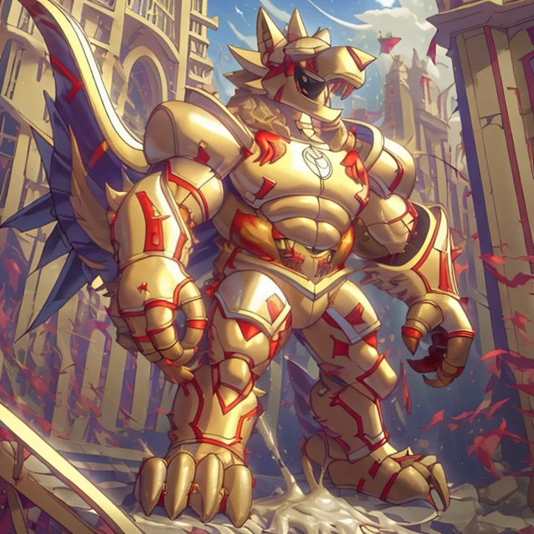 (masterpiece. official art. 8k. best quality. detailed full body. full body.)

(situation 1 : dominating The Phoenix Wolf. The Phoenix Wolf is over 1000 meters long. focus GIANT mechanical Muscular The Phoenix Wolf is trampling the car. Looking down.)

(situation 2 :smoke and flames rising from the destruction in the city)

(Additional details 1: Wearing golden Armor. Cape. Helmet. real texture material. whole body shines like metal. emphasizes the muscles. suit fully made of metal.Robotic suit).

(Additional details 1.5: The arms are golden. The lower half of the body is golden. The wolf-shaped helmet has sharp fangs. The whole body is golden. The chest area is also golden. There is a ring above the head.).

(Additional details 2: Detailed head. Detailed Body. Detailed abs. gigantic muscles. HYPER MUSCLES. Gigachad Muscular. big muscle. pecs. triceps. traps. unusually developed muscular body. body full of huge muscles. showing off muscles. pectorales enormes. Exaggeratedly huge muscles. huge muscles. long legs.).

(Additional details 3: Spread wings. It has wings. The claws are sharp. Sharp teeth.). He is laughing defiantly. The claws are sharp. Sharp teeth.). 

(Additional details 3.5 : nj5furry,  He is laughing defiantly. medieval armor.). 

(Additional details 4: golden dick, golden cock, golden hyper penis. hyper golden penis. big penis)

(Additional details 6 : Spraying hyper cum up everywhere into the sky from his erect penis. wide spray of cum, covered in cum, cum splashing in front of camera, crowd of naked muscular male spectators, bukkake, City is under a thick later of cum.) crorobot suit