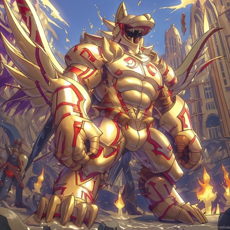 (masterpiece. official art. 8k. best quality. detailed full body. full body.)

(situation 1 : dominating The Phoenix Wolf. The Phoenix Wolf is over 1000 meters long. focus GIANT mechanical Muscular The Phoenix Wolf is trampling the car. Looking down.)

(situation 2 :smoke and flames rising from the destruction in the city)

(Additional details 1: Wearing golden Armor. Cape. Helmet. real texture material. whole body shines like metal. emphasizes the muscles. suit fully made of metal.Robotic suit).

(Additional details 1.5: The arms are golden. The lower half of the body is golden. The wolf-shaped helmet has sharp fangs. The whole body is golden. The chest area is also golden. There is a ring above the head.).

(Additional details 2: Detailed head. Detailed Body. Detailed abs. gigantic muscles. HYPER MUSCLES. Gigachad Muscular. big muscle. pecs. triceps. traps. unusually developed muscular body. body full of huge muscles. showing off muscles. pectorales enormes. Exaggeratedly huge muscles. huge muscles. long legs.).

(Additional details 3: Spread wings. It has wings. The claws are sharp. Sharp teeth.). He is laughing defiantly. The claws are sharp. Sharp teeth.). 

(Additional details 3.5 : nj5furry,  He is laughing defiantly. medieval armor.). 

(Additional details 4: golden dick, golden cock, golden hyper penis. hyper golden penis. big penis)

(Additional details 6 : Spraying hyper cum up everywhere into the sky from his erect penis. wide spray of cum, covered in cum, cum splashing in front of camera, crowd of naked muscular male spectators, bukkake, City is under a thick later of cum.) crorobot suit