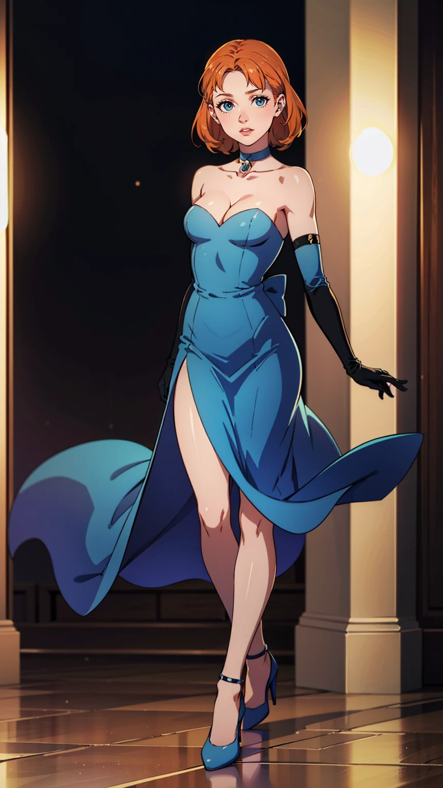 ((Full body photo, standing, feet on the floor))annette_war, blue eyes, orange hair, blue dress, long blue dress, blue strapless dress, long white elbow gloves, smile, light pink lipstick, purple eye shadow, makeup, black choker, cowboy shot, best quality, 1 girl, uranus,(Young),bad_smile, small breasts, looking_at viewer, evening dress, Cleavage, just_shoulders, choker, elbow gloves, crossed legs, fishnet stockings, bottom, elegant shoes, high heels, shoe soles, full body, close-up, point of view, nightclub background