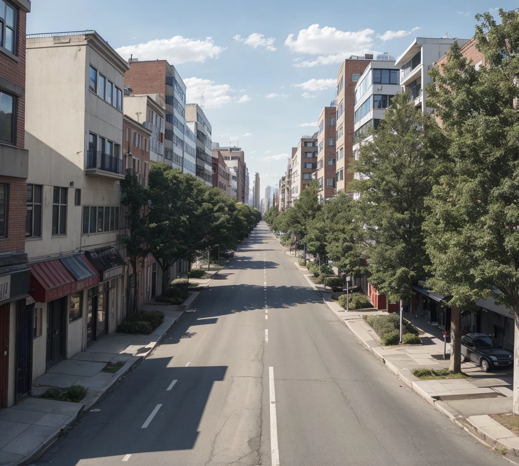 ((best quality)), (detailded), a central avenue in the center of the image, on the sides of buildings and houses, some trees on the sidewalk, ((no vehicles present)), Zombies attacking people
