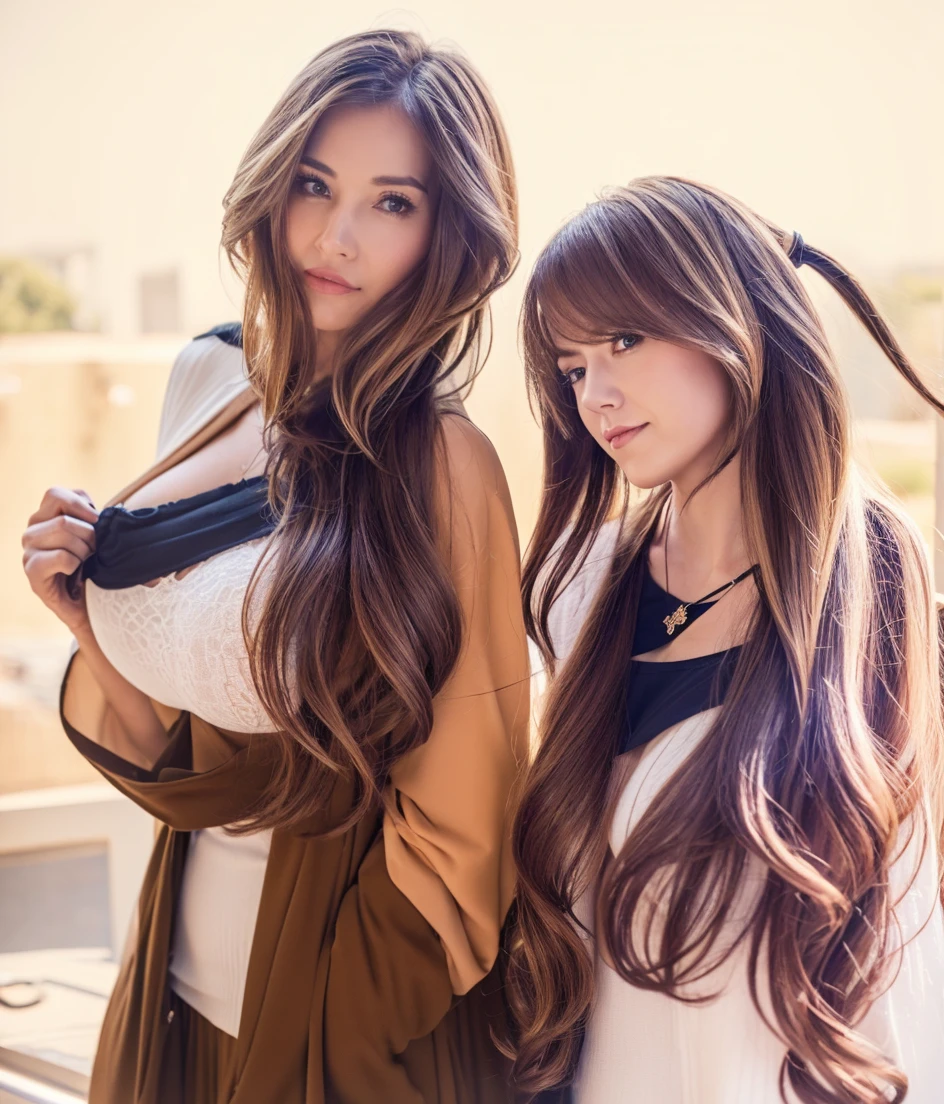 two woman standing next to each other(wearingOrdinary clothes,Very large breasts, their hair become blond hair, their face become beautiful american Karen face:1.2)