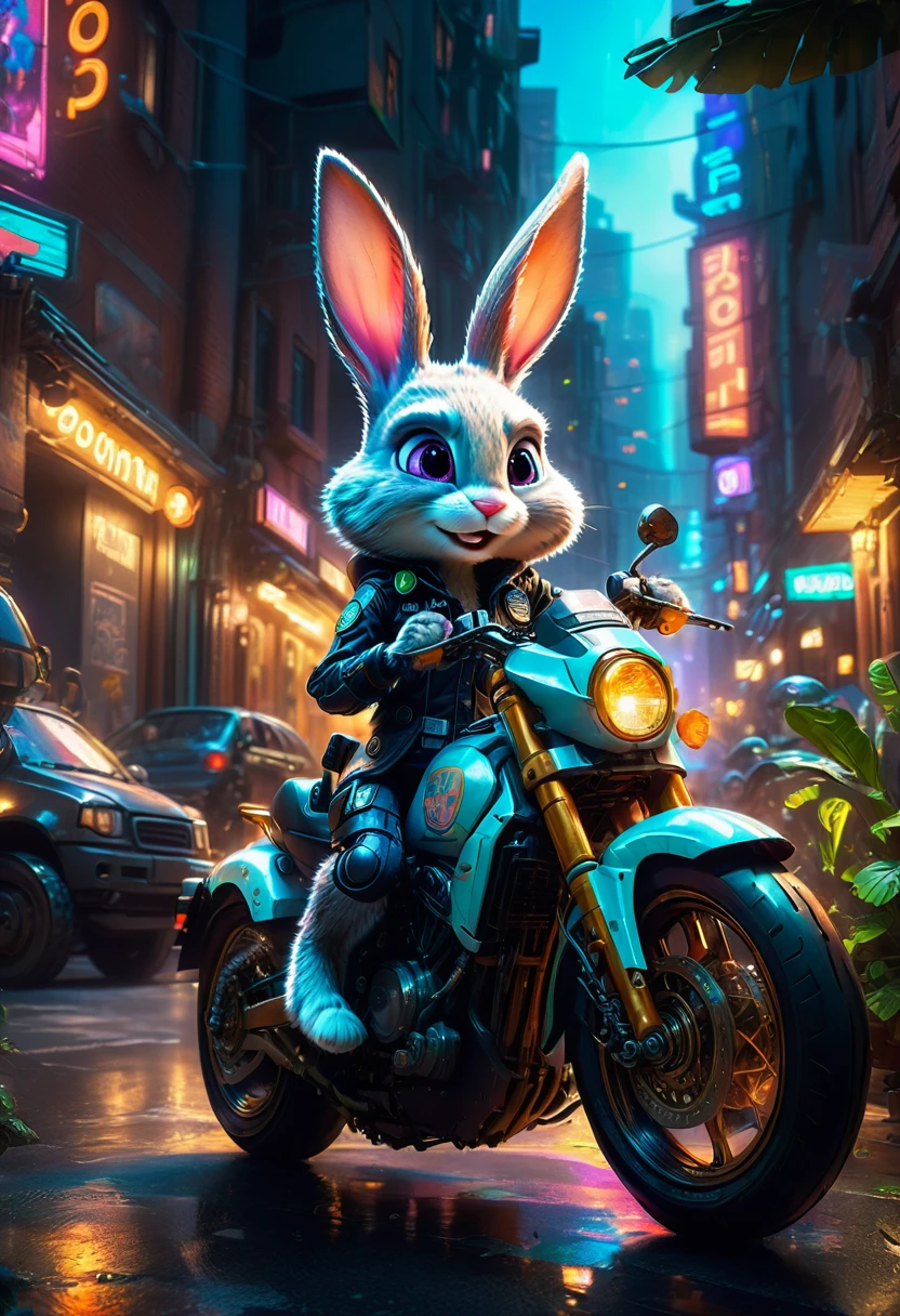 Motorcycle, rider, full body, female rabbit police from "Zootopia", cartoon movie, dramatic composition, cinematic dynamic action scene, vibrant colors, cinematic lighting, dramatic lighting, best quality, masterpiece, very aesthetic, perfect composition, intricate details, ultra-detailed