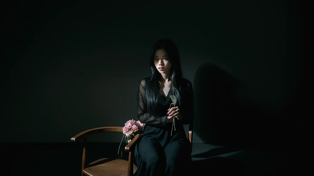 A photo of a beautiful girl sitting on a chair, holding a wilted flower in a dark, somber atmosphere. The surroundings are shadowy and moody, with deep, dramatic lighting that enhances the intensity of the scene. Her expression is melancholic, and the background features dim, eerie elements that add to the overall feeling of gloom and mystery.