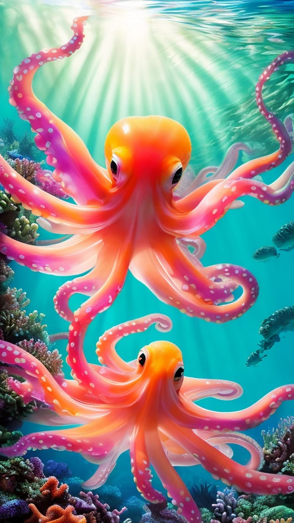 (Highest quality,4K,8K,High resolution,masterpiece:1.2),(Transparent color octopus:1.3),Super detailed,Realistic:1.37,Vibrant colors,Underwater Scene,Beautiful and elaborate coral reefs,The bright sun illuminates the clear blue sea,Abundant marine life,Colorful exotic tropical fish,The gentle movement of seaweed,Crystal clear visibility,Ethereal atmosphere,Peace and tranquility,Soft natural light,Skillfully painted like an oil painting,Subtle rays of sunlight reflecting off the ocean floor,Peace and tranquility,Great beauty,Fascinating水中の楽園,Impressive biodiversity,Attention to detail,細心の注意を払って作られた水中のmasterpiece,Perfect clarity,Fascinating,Fascinating,Photorealistic Rendering,Carefully drawn coral structure,on a whim,dream-like,A gorgeous work of art,Striking realism,Sublime Underwater Ecosystem,Harmony between life and nature.