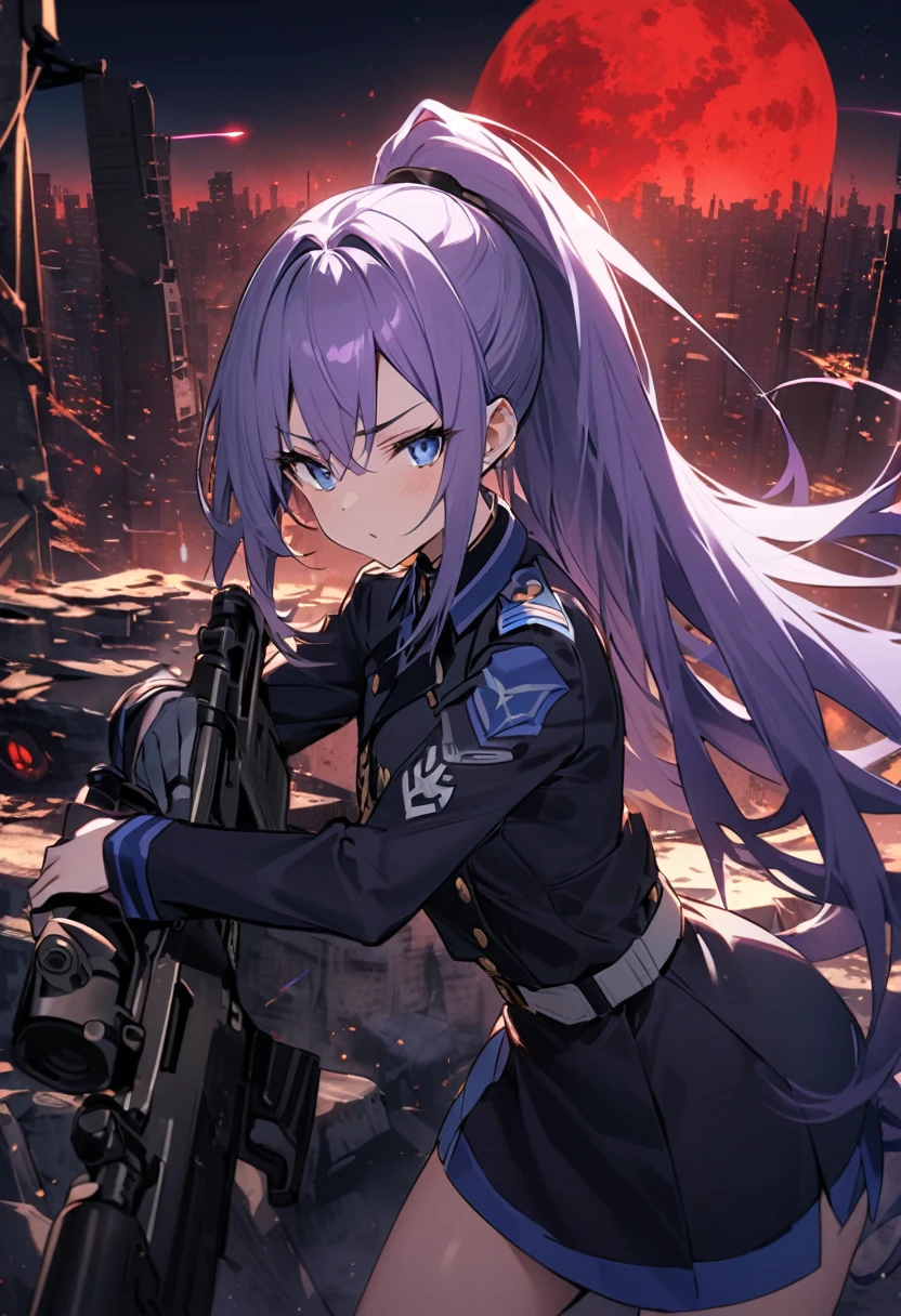 Facing forward　girl　Military uniforms with a white base and some black　Spectacular Background　A shooting star is falling　Beautiful night view　　　She is on the right　On the left you can see the destroyed city.　He has a gun　　　服にはplaneが描かれています　背景の上部にはFighterが飛んでいます　Red Moon　blue eyes　　There is one person　Purple long hair　wearing a military cap　war　I'm wearing pants　Precision　masterpiece　girlにクローズアップ　girlを正面から見ています　ponytail　long hair　soldier　battlefield　{超Precision} Satanic　She's angry　But I&#39;m angry　Hanging eyes　Anime Style　 {war} {Gunfight} {Fighterの擬人化} Fighter　tank　Battleship　plane　Thunder Day　Mechanical Man　宇宙Battleshipヤマトの武装をつけています　A dignified expression　F-16Fighterの翼を背中につけています　tankがいます