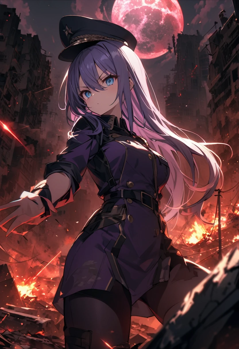 Facing forward　girl　Military uniforms with a white base and some black　Spectacular Background　A shooting star is falling　Beautiful night view　　　She is on the right　On the left you can see the destroyed city.　He has a gun　　　服にはplaneが描かれています　背景の上部にはFighterが飛んでいます　Red Moon　blue eyes　　There is one person　Purple long hair　wearing a military cap　war　I'm wearing pants　Precision　masterpiece　girlにクローズアップ　girlを正面から見ています　ponytail　long hair　soldier　battlefield　{超Precision} Satanic　She's angry　But I&#39;m angry　Hanging eyes　Anime Style　 {war} {Gunfight} {Fighterの擬人化} Fighter　tank　Battleship　plane　Thunder Day　Mechanical Man　宇宙Battleshipヤマトの武装をつけています　A dignified expression　F-16Fighterの翼を背中につけています　tankがいます