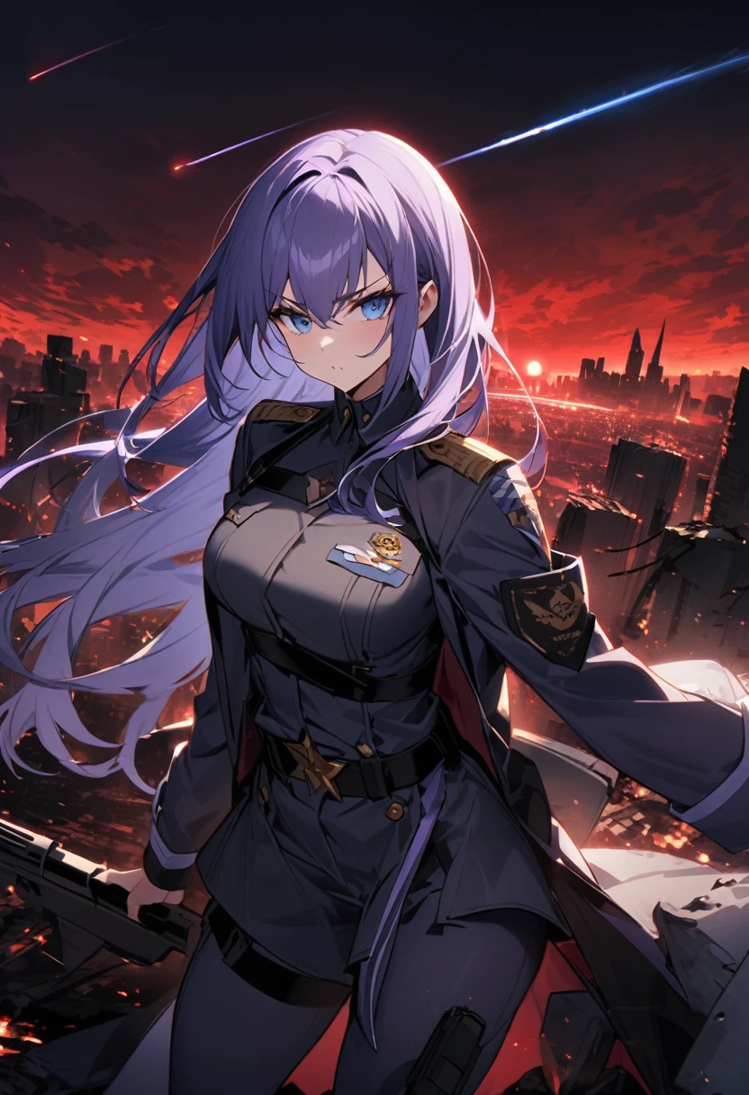 Facing forward　girl　Military uniforms with a white base and some black　Spectacular Background　A shooting star is falling　Beautiful night view　　　She is on the right　On the left you can see the destroyed city.　He has a gun　　　服にはplaneが描かれています　背景の上部にはFighterが飛んでいます　Red Moon　blue eyes　　There is one person　Purple long hair　wearing a military cap　war　I'm wearing pants　Precision　masterpiece　girlにクローズアップ　girlを正面から見ています　ponytail　long hair　soldier　battlefield　{超Precision} Satanic　She's angry　But I&#39;m angry　Hanging eyes　Anime Style　 {war} {Gunfight} {Fighterの擬人化} Fighter　tank　Battleship　plane　Thunder Day　Mechanical Man　宇宙Battleshipヤマトの武装をつけています　A dignified expression　F-16Fighterの翼を背中につけています　tankがいます