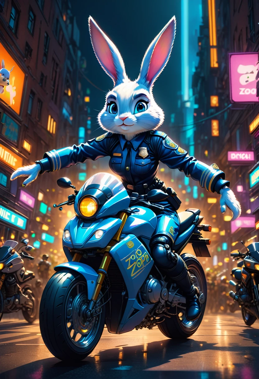 Motorcycle, rider, full body, female rabbit police from "Zootopia", cartoon movie, dramatic composition, cinematic dynamic action scene, vibrant colors, cinematic lighting, dramatic lighting, best quality, masterpiece, very aesthetic, perfect composition, intricate details, ultra-detailed