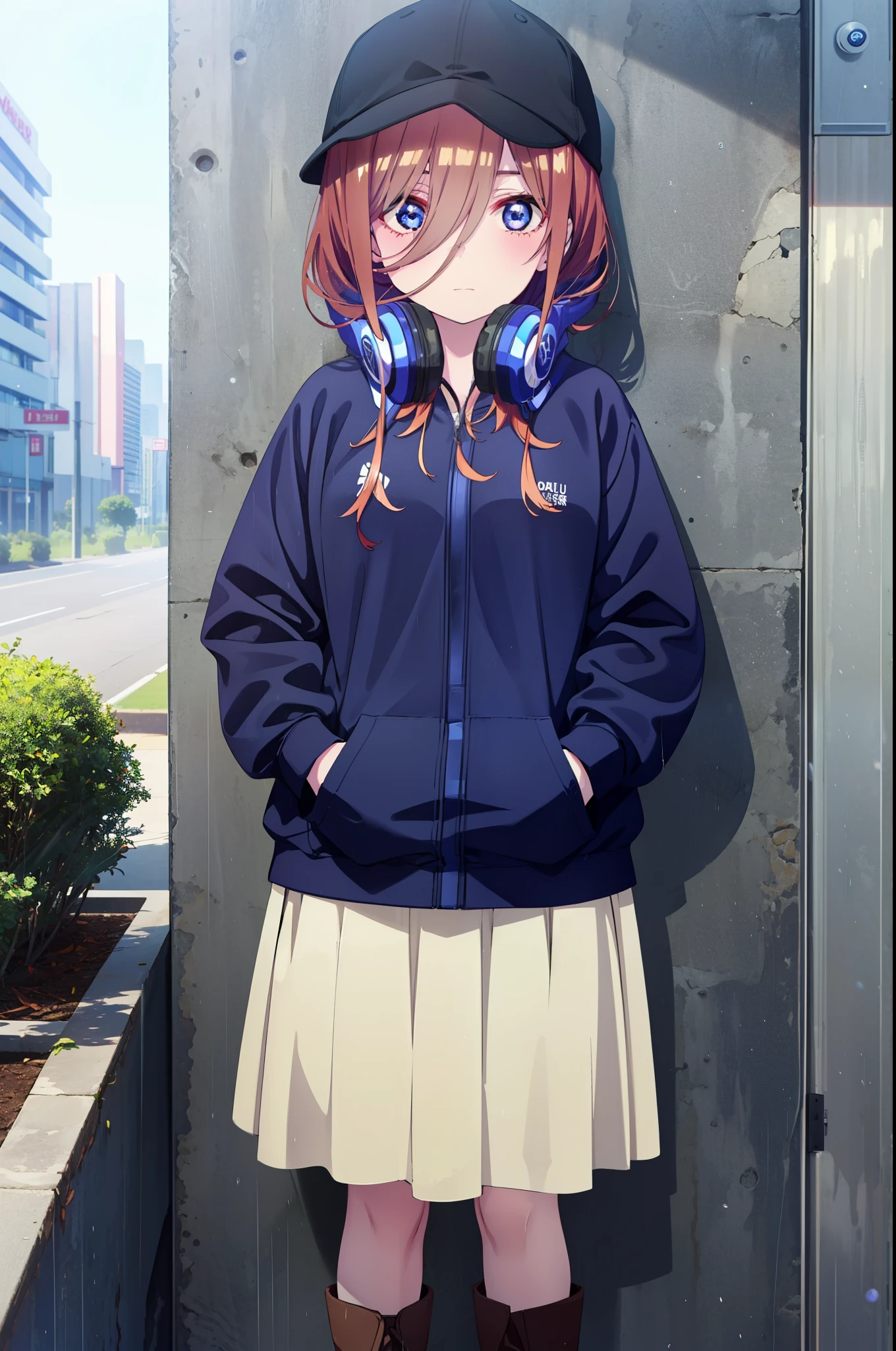 miku nakano, Nakano Miku Ticket III, Long Hair, bangs, blue eyes, Brown Hair, Hair between the eyes,Baseball hats,Headphones around neck,Oversized blue hoodie,Long skirt,short boots,rain,Hiding in a roofed building,Standing leaning against the wall,whole bodyがイラストに入るように,
break outdoors, Building district,
break looking at viewer, whole body,
break (masterpiece:1.2), Highest quality, High resolution, unity 8k wallpaper, (figure:0.8), (Beautiful attention to detail:1.6), Highly detailed face, Perfect lighting, Highly detailed CG, (Perfect hands, Perfect Anatomy),