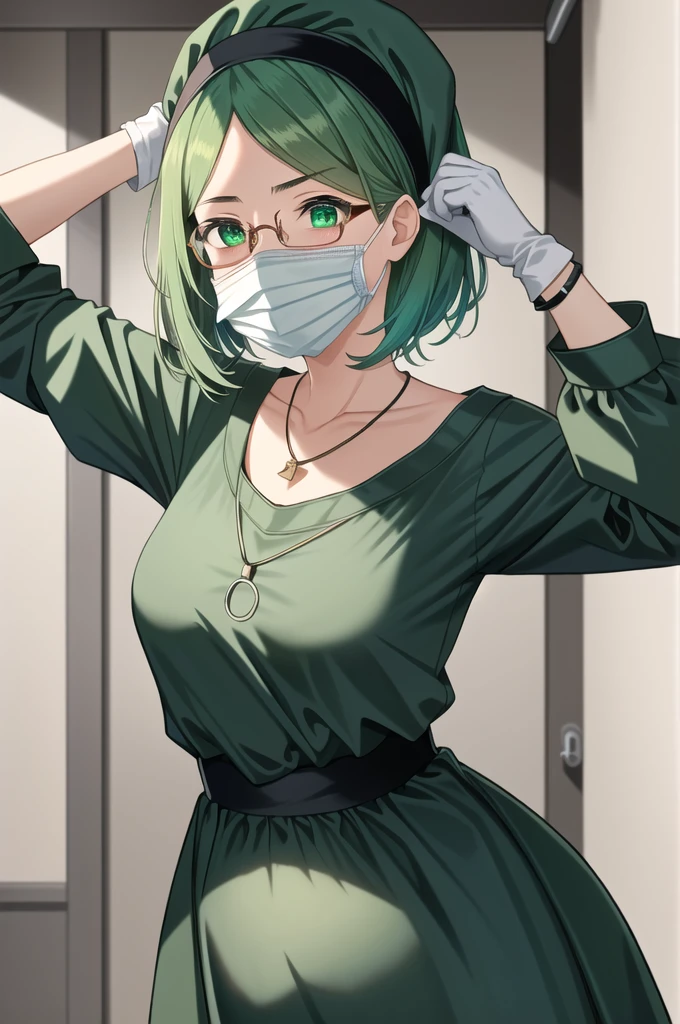 ((masterpiece, best quality, high quality)),1girl, pregnant, (hospital), infirmary,  (1girl, 3dcg 08, aqua hair, bangle, collarbone, glasses, green eyes, hairband, medium breasts, necklace, semi-rimless eyewear, short hair, sidelocks, solo, tomomi kii, under-rim eyewear), (surgical_uniform, mask, long sleeves, surgical mask,long dress, latex gloves, surgical cap over hair),