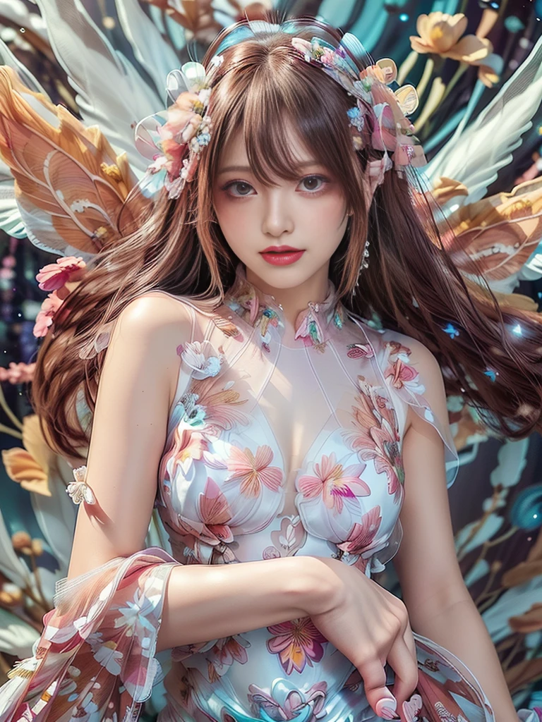 4K Ultra HD, masterpiece, girl, Nice face, Fine grain, Detailed lips, 花のFairyの少女, Big Wings, Transparent feathers, Neon Light, (Galaxy Background:1.5), (Floral Dress:1.8), (White Dress:1.5), In heaven,Angel、Fairy、(((Gentle Smile 1.3)))、Vibrant poses、Blur the background、