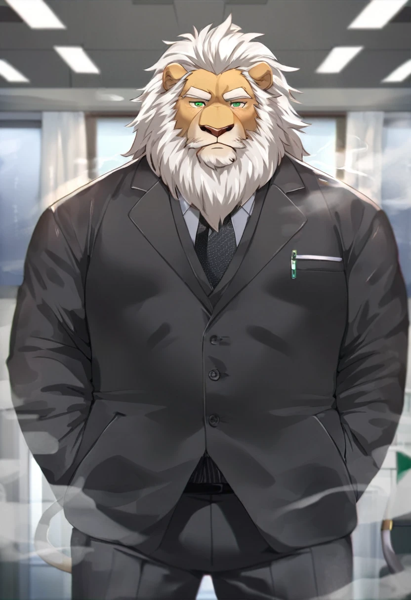 lion,personification,Mature male,Strong Man,White beard,Cold expression,Green pupils,Brown eyebrows,Black suit suit,Hands in pockets,The Age of Steam,Hospital Office。