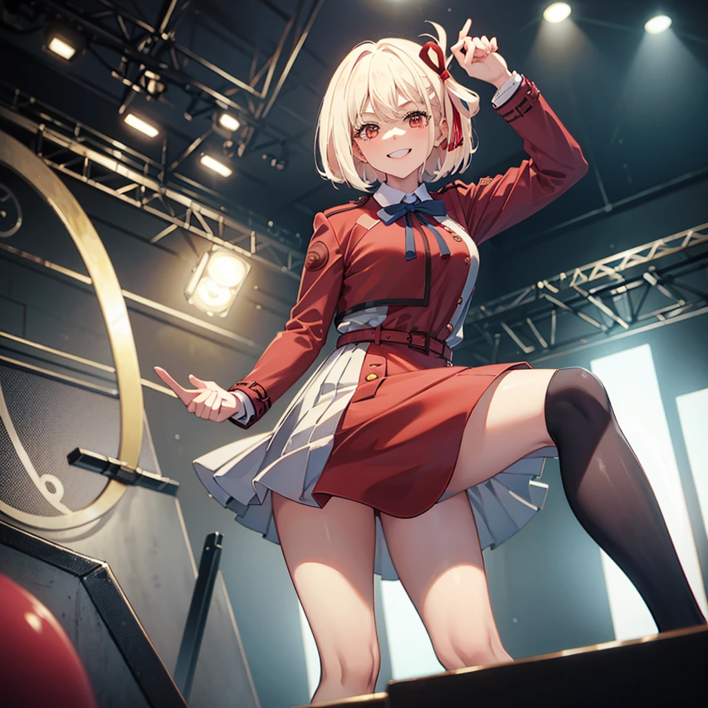 (masterpiece, best quality, detailed), 1girl, solo, chisato nishikigi, blonde hair, red eyes, short hair, medium breasts, looking at viewer,
hair ribbon, lycoris uniform, long sleeves, two-tone dress, pleated dress, collared shirt, kneehighs, stage, stage lights, spotlight, concert, audience, squatting, from below, spread legs, evil smile