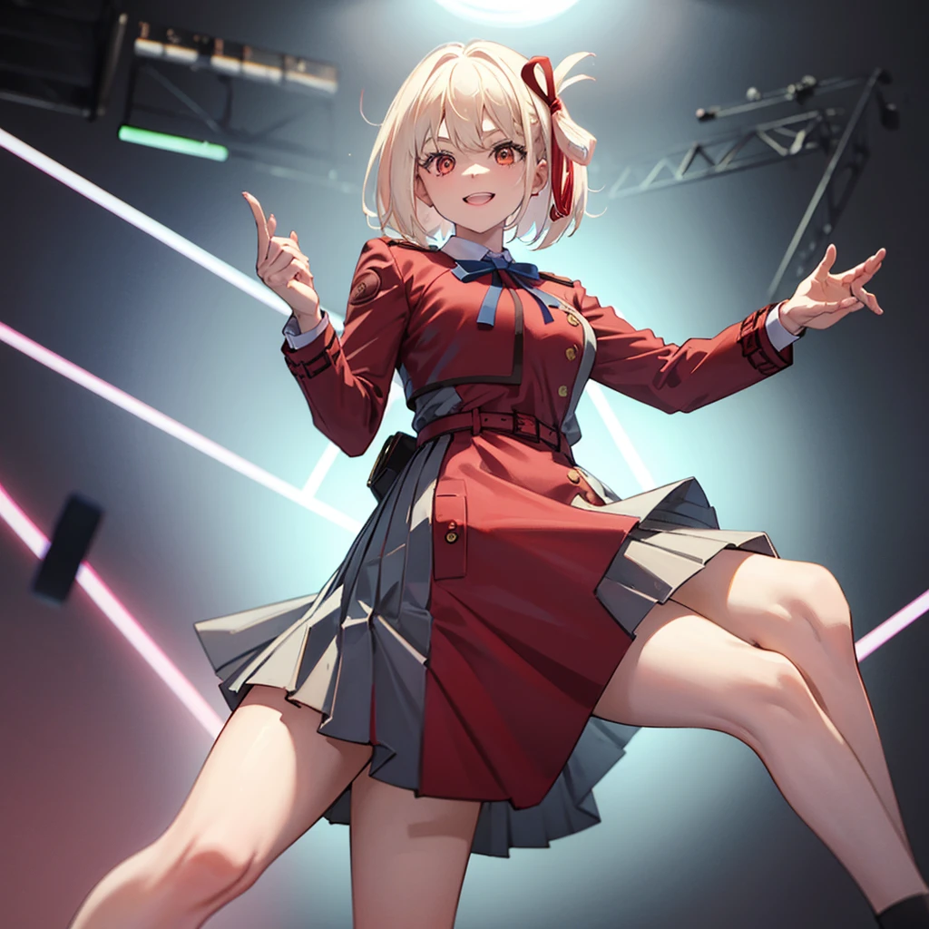 (masterpiece, best quality, detailed), 1girl, solo, chisato nishikigi, blonde hair, red eyes, short hair, medium breasts, looking at viewer,
hair ribbon, lycoris uniform, long sleeves, two-tone dress, pleated dress, collared shirt, kneehighs, stage, stage lights, spotlight, concert, audience, squatting, from below, spread legs, evil smile