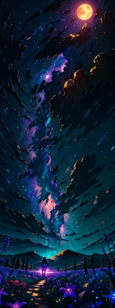 expansive landscape photograph , (a view from below that shows sky above and open field below), a girl standing on flower field looking up, (full moon:1.2), ( shooting stars:0.9), (nebula:1.3), distant mountain, tree BREAK
production art, (warm light source:1.2), (Firefly:1.2), lamp, lot of purple and orange, intricate details, volumetric lighting BREAK
(masterpiece:1.2), (best quality), 4k, ultra-detailed, (dynamic composition:1.4), highly detailed, colorful details,( iridescent colors:1.2), (glowing lighting, atmospheric lighting), dreamy, magical, (solo:1.2)