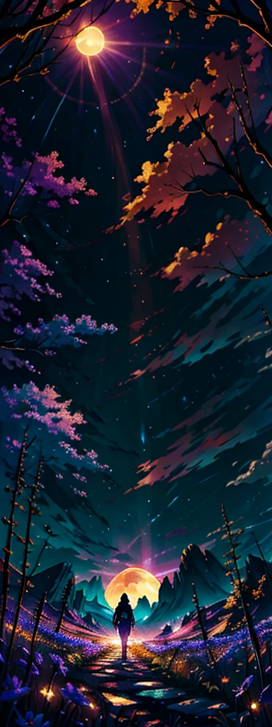 expansive landscape photograph , (a view from below that shows sky above and open field below), a girl standing on flower field looking up, (full moon:1.2), ( shooting stars:0.9), (nebula:1.3), distant mountain, tree BREAK
production art, (warm light source:1.2), (Firefly:1.2), lamp, lot of purple and orange, intricate details, volumetric lighting BREAK
(masterpiece:1.2), (best quality), 4k, ultra-detailed, (dynamic composition:1.4), highly detailed, colorful details,( iridescent colors:1.2), (glowing lighting, atmospheric lighting), dreamy, magical, (solo:1.2)