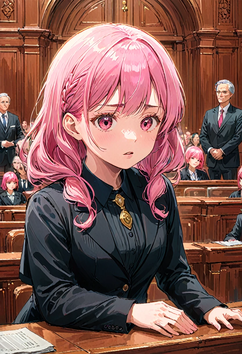 girl, lawyer, court, speech, discuss, Detailed Background, Realistic, Movie stills, Highest quality, masterpiece, so beautiful, Perfect composition, Intricate details, Super detailed, Animajin, (pink hair,