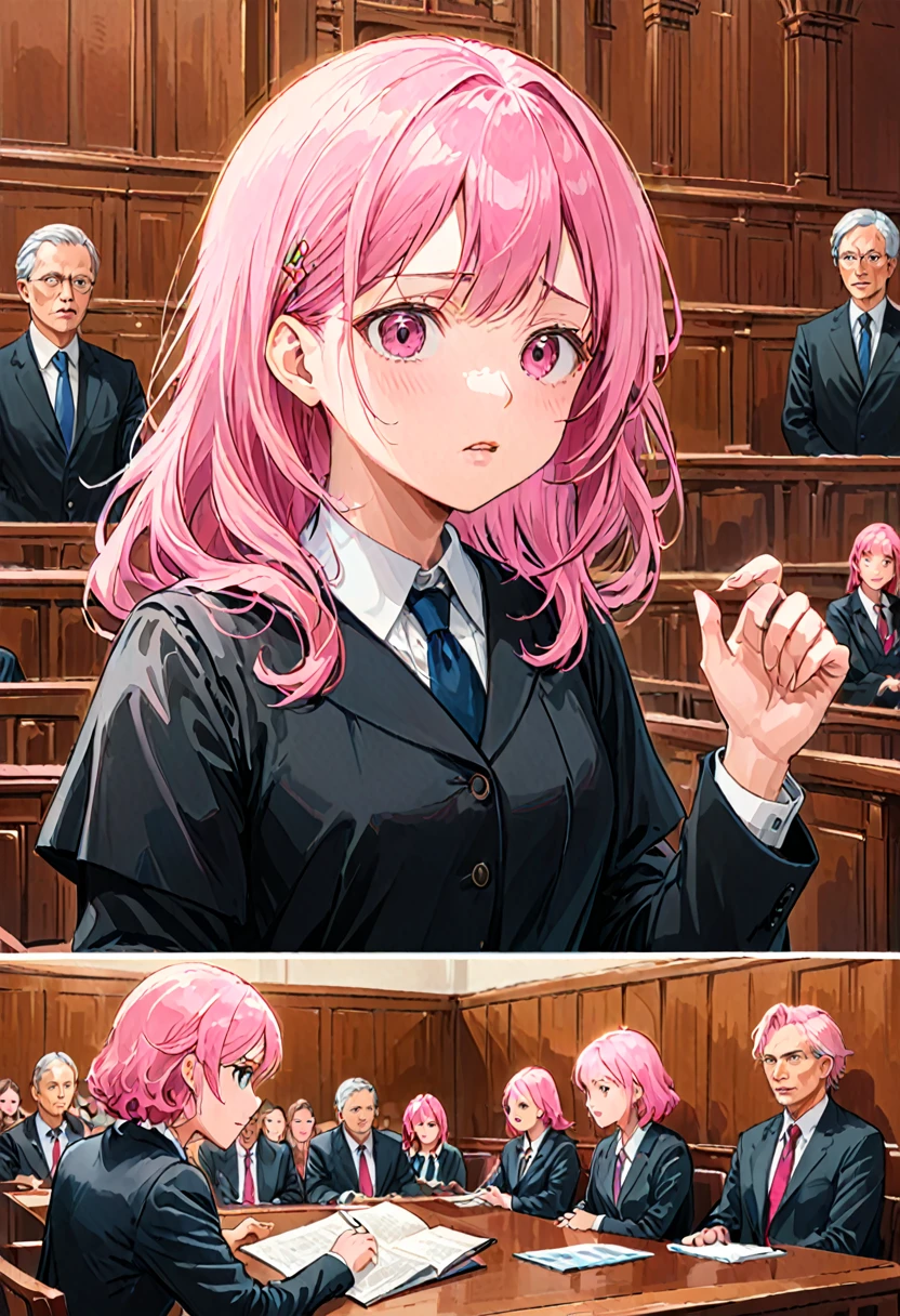 girl, lawyer, court, speech, discuss, Detailed Background, Realistic, Movie stills, Highest quality, masterpiece, so beautiful, Perfect composition, Intricate details, Super detailed, Animajin, (pink hair,