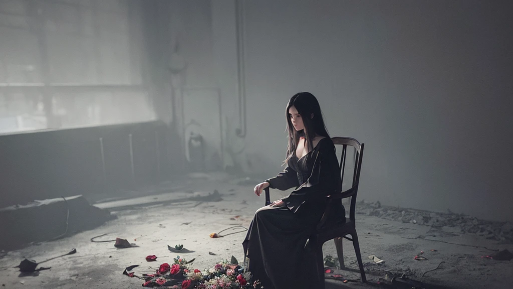 A photo of a beautiful girl sitting on a chair, holding a wilted flower in a dark, somber atmosphere. The surroundings are shadowy and moody, with deep, dramatic lighting that enhances the intensity of the scene. Her expression is melancholic, and the background features dim, eerie elements that add to the overall feeling of gloom and mystery.