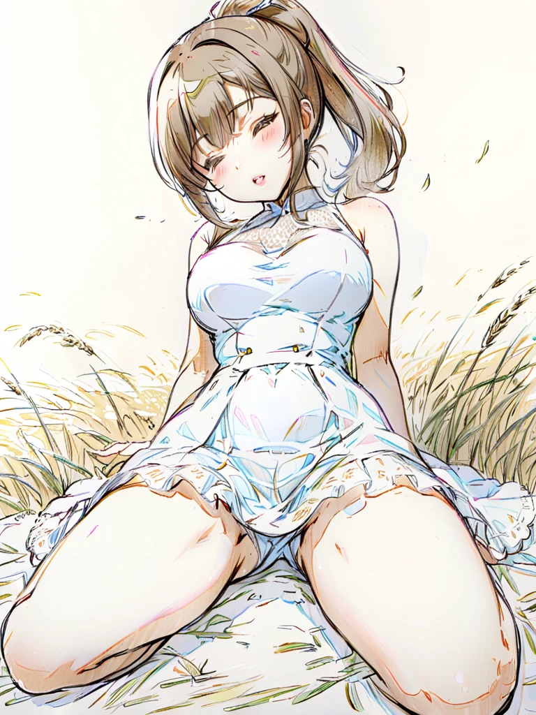 (masterpiece:1.4),, (highest quality:1.4),, Ultra-high resolution,, 8k, CG,, (Very delicate and beautiful:1.2),, One Girl,A fleeting look,Colored pencil drawing,Line art,(Adjust the pen pressure and line thickness、Creates fine shadow intensity),View Viewer,, ,Mature Girls,, , cute, sweet,, , In the wheat field,, Blurred Background,, , Long brown hair,, ponytail,, , Brown eyes,, Mouth closed,, Red lips,, , Face blown by the wind,, , White Dress,, legs up,(spread legs:1.1),