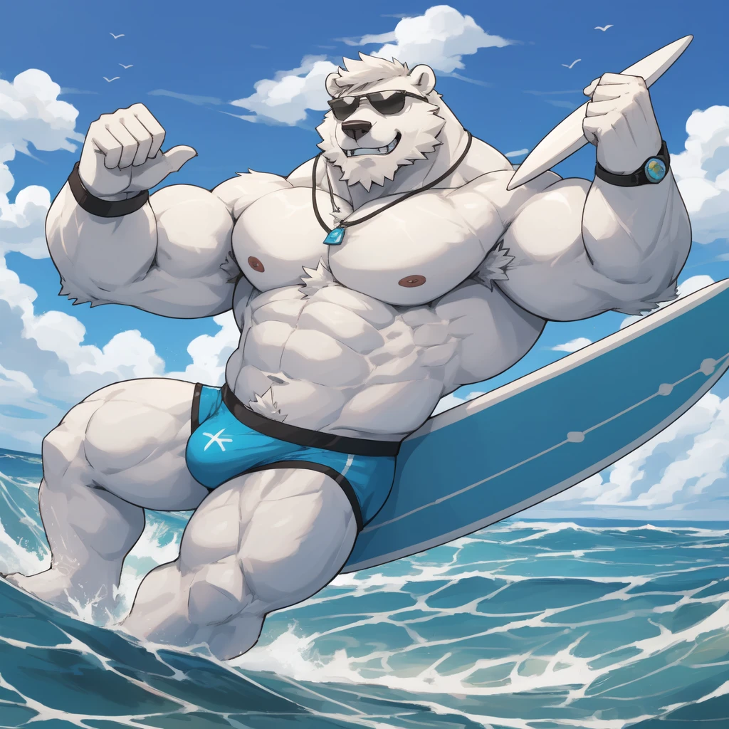 solo, 1boy, Huge Muscular White Polar Bear Dad wearing black sunglasses, huge white fur, pectoral, huge pectoral, wide pectoral, short white hair, blue-colored competitive briefs, black wristbands and shirtless topless, bearded, white Mustache, white fur, tooth necklace, professional surfer, surf board, background, masterpiece, high detailed, 8k, high resolution, at the ocean, surfing the waves, riding the surfboard, gliding on the surfboard, being totally radical, surf's up dudes, showboating
