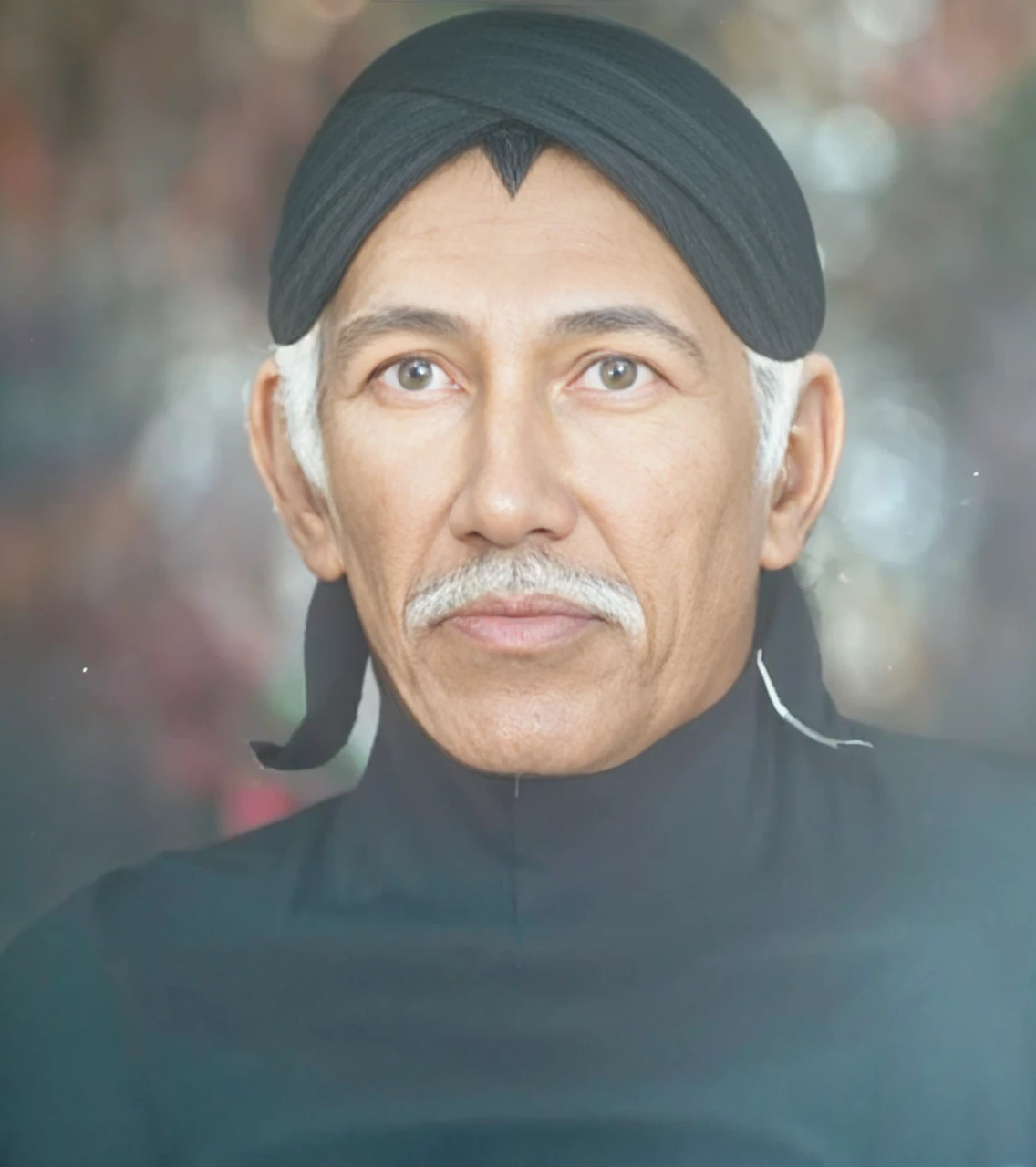Indonesian Muslim man, wearing blangkon and dark clothes, Javanese, wrinkled brown skin, aged 45 years or over, gray hair and mustache, clear and clean eyes, sharp nose and thick lower lip. HD realistic images