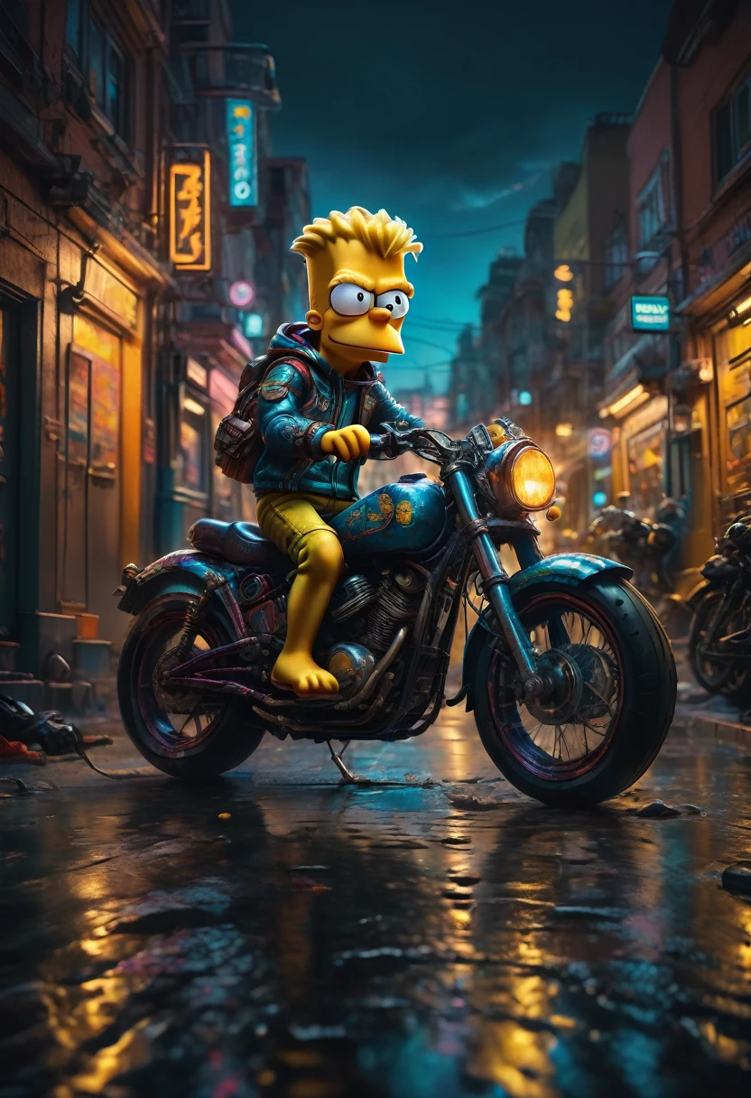 Motorcycle, rider, full body, by Bart Simpson, cartoon movie, dramatic composition, cinematic dynamic action scene, vibrant colors, cinematic lighting, dramatic lighting, best quality, masterpiece, very aesthetic, perfect composition, intricate details, ultra-detailed