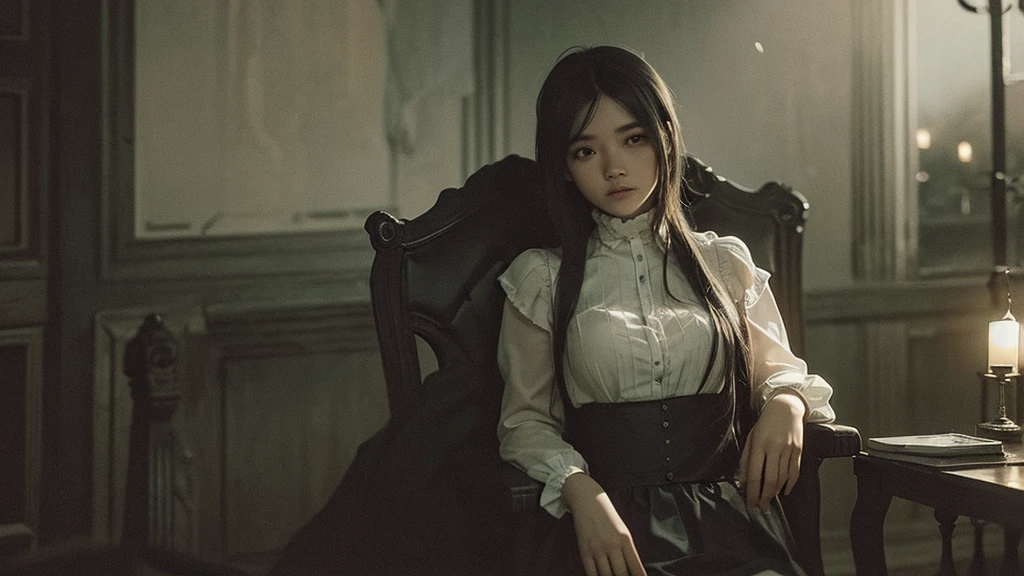 A photo of a beautiful girl sitting on a chair, holding a wilted flower in a dark, somber atmosphere. The surroundings are shadowy and moody, with deep, dramatic lighting that enhances the intensity of the scene. Her expression is melancholic, and the background features dim, eerie elements that add to the overall feeling of gloom and mystery.