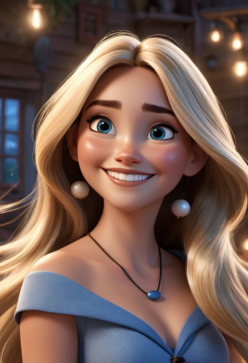 Imagem estilo pixar com personagem 3D óculos brancos de grau, woman long hair, blond, smooth dancing, Disney makeup,fisherman, cute, smiling ,close up, pixar, Disney, cinema lighting,