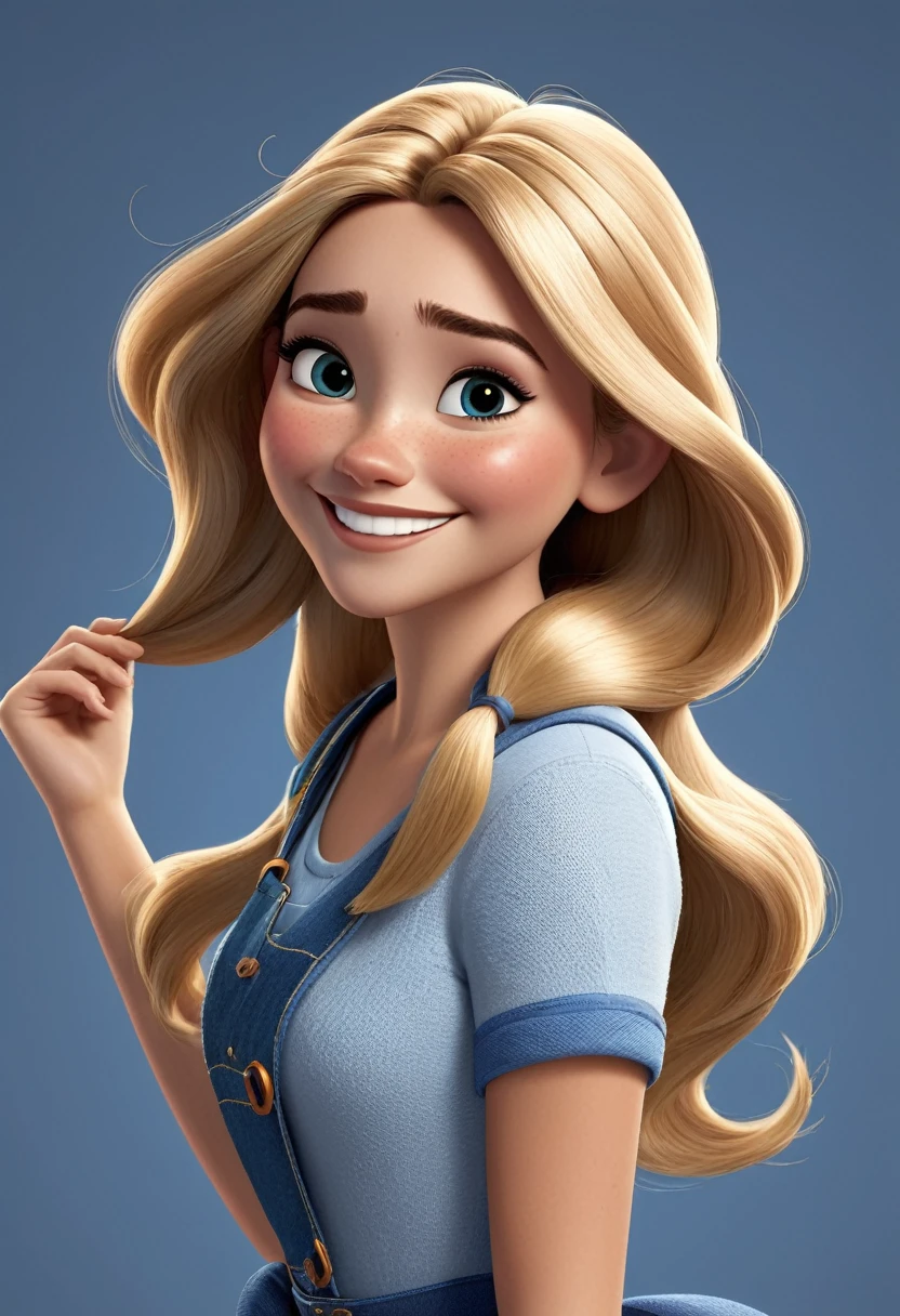 Imagem estilo pixar com personagem 3D óculos brancos de grau, woman long hair, blond, smooth dancing, Disney makeup,fisherman, cute, smiling ,close up, pixar, Disney, cinema lighting,