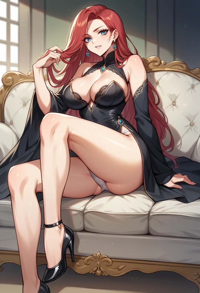 .21 year old woman , Long straight red hair, bright and expressive blue eyes, she opted for an elegant black dress. service, busty. comic style. She is sitting on the sofa in an imposing and sexy pose, your legs are open and your panties are showing, she only wears white panties and high heels.