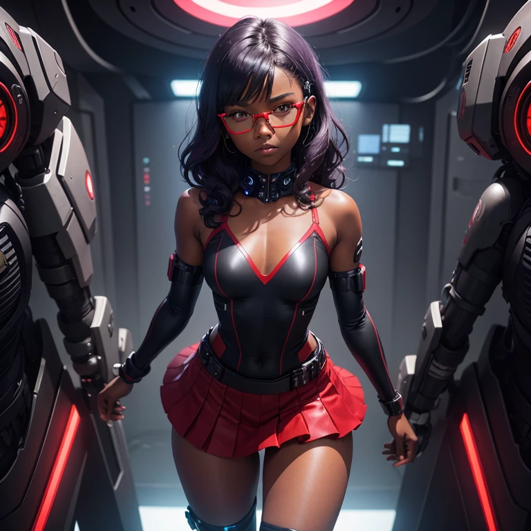 (masterpiece), (best quality), (high res) Solo, (perfect anatomy), (young girl (), ((((dark skin)))), curly purple hair (shoulder length), red eyes, round eyeglasses, (skin tight long sleeved dress), (red high heels boots), (shirt), (super tight skirt), angry, (((flat chest))), in a futuristic setting with a red light, cyberpunk, cyber suit, best anime 4k, cybersuits, in a backstage