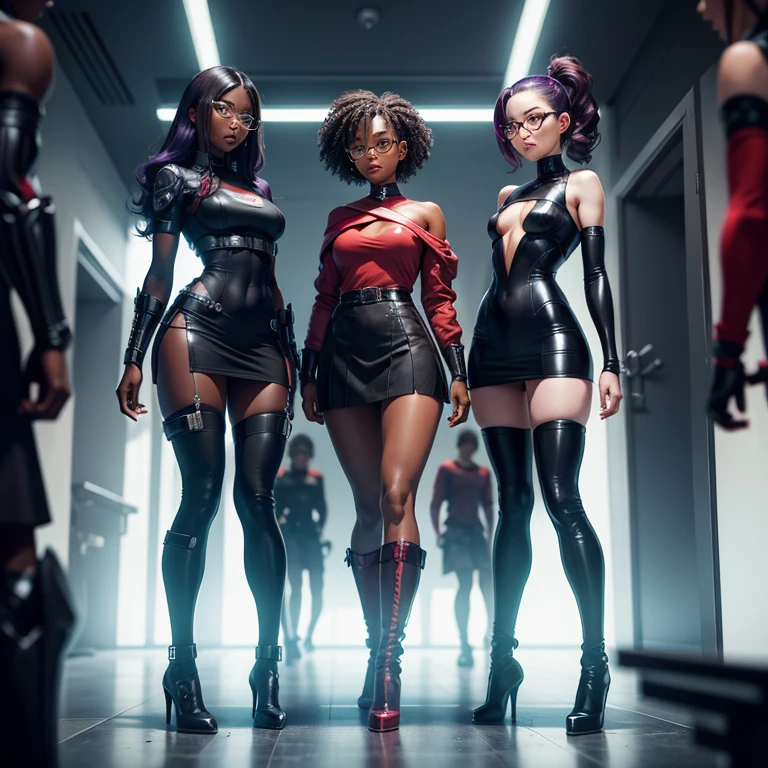 (masterpiece), (best quality), (high res) Solo, (perfect anatomy), (young girl (10 years old), ((((dark skin)))), curly purple hair (shoulder length), red eyes, round eyeglasses, (skin tight dress), (red high heels boots), (shirt), (super tight skirt), angry, (((flat chest))), in a futuristic setting with a red light, cyberpunk, cyber suit, best anime 4k, cybersuits, in a backstage