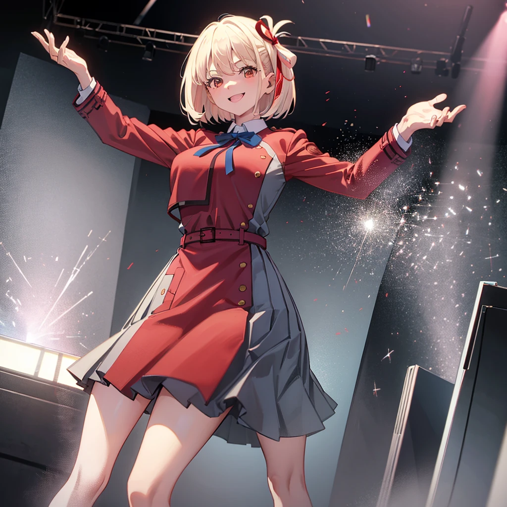 (masterpiece, best quality, detailed), 1girl, solo, chisato nishikigi, blonde hair, red eyes, short hair, medium breasts, looking at viewer,
hair ribbon, lycoris uniform, long sleeves, two-tone dress, pleated dress, collared shirt, kneehighs, stage, stage lights, spotlight, concert, audience, squatting, from below, spread legs, evil smile