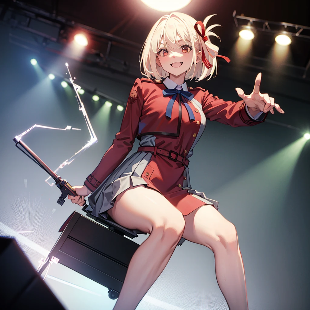 (masterpiece, best quality, detailed), 1girl, solo, chisato nishikigi, blonde hair, red eyes, short hair, medium breasts, looking at viewer,
hair ribbon, lycoris uniform, long sleeves, two-tone dress, pleated dress, collared shirt, kneehighs, stage, stage lights, spotlight, concert, audience, squatting, from below, spread legs, evil smile