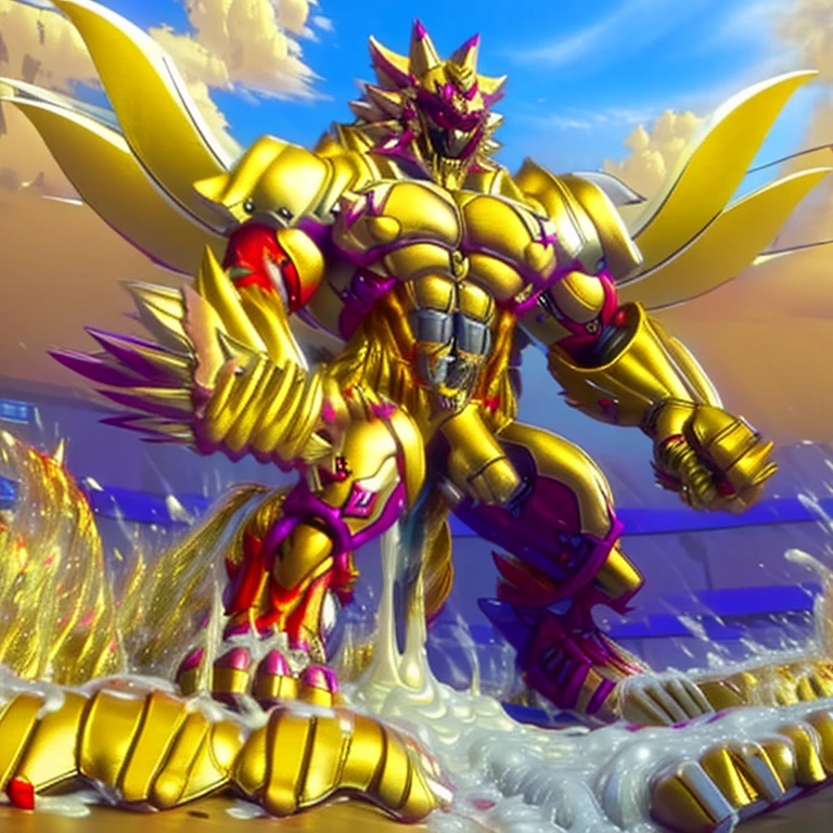 (masterpiece. official art. 8k. best quality. detailed full body. full body.)
(situation 1 : dominating The Phoenix Wolf. The Phoenix Wolf is over 1000 meters long. focus GIANT mechanical Muscular The Phoenix Wolf is trampling the car. Looking down.)
(situation 2 :smoke and flames rising from the destruction in the city)
(Additional details 1: Wearing GOLDEN Armor. Cape. Helmet. real texture material. whole body shines like metal. emphasizes the muscles. suit fully made of metal. Robotic suit. edgMecha, wearing edgMecha, mecha suit, robot suit)
(Additional details 1.5: The arms are golden. The lower half of the body is golden. The wolf-shaped helmet has sharp fangs. The whole body is golden. The wolf-shaped helmet. There is a wolf-shaped decoration on the back of the hand.)
(Additional details 2: Detailed head. Detailed Body. Detailed abs. gigantic muscles. HYPER MUSCLES. Gigachad Muscular. big muscle. pecs. triceps. traps. unusually developed muscular body. body full of huge muscles. showing off muscles. pectorales enormes. Exaggeratedly huge muscles. huge muscles. long legs.).
(Additional details 3: nj5furry, Spread wings. It has wings. The claws are sharp. Sharp teeth.). He is laughing defiantly. The claws are sharp. Sharp teeth.). He is laughing defiantly.
(Additional details 4: golden dick, golden cock, golden hyper penis. hyper black penis. big penis)
(Additional details 6 : Spraying hyper cum up everywhere into the sky from his erect penis. wide spray of cum, covered in cum, cum splashing in front of camera, crowd of naked muscular male spectators, bukkake, City is under a thick later of cum.)