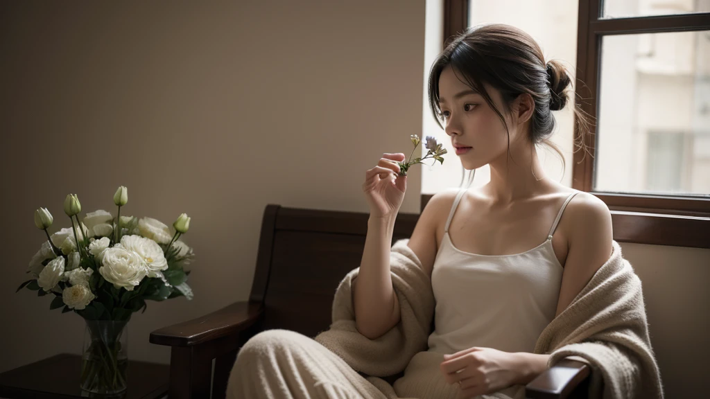 A photo of a beautiful girl sitting on a chair, holding a wilted flower in a sad atmosphere. Her expression is sorrowful, and the setting around her is subdued, with soft, muted colors and gentle lighting that emphasize the melancholic mood. The background is simple and understated, focusing on her and the poignant symbol of the wilted flower.