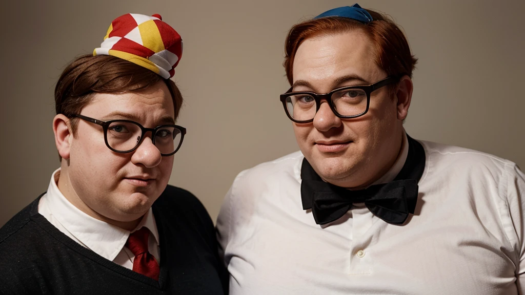 a chubby populist politicians with glasses and yarmulke and his short gingerhead clown friend, in the style of ernie and bert